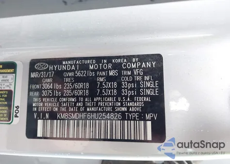 2017 Hyundai Santa Fe Se из США, поврежденный, VIN KM8SMDHF6HU254826